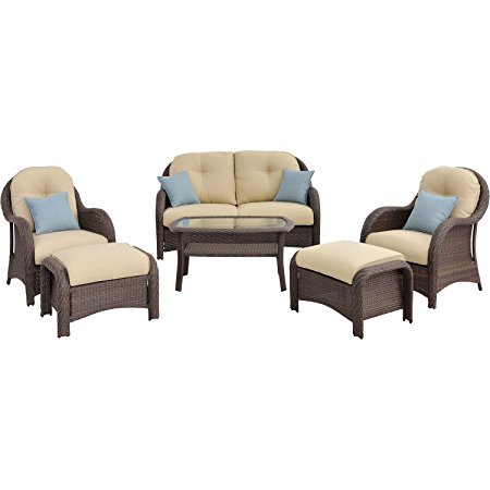 Hanover Newport 6-Piece Outdoor Wicker Lounge Set, Brown/Tan