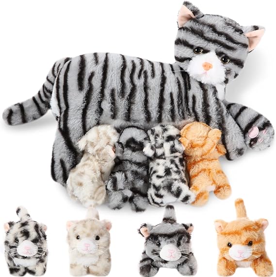 Nurturing Plush Cat Stuffed Animal with Kittens, Plushy Kitty Mommy Cat with 4 Baby Cats for Birthday Party Favors Gifts (Cuddly Style)