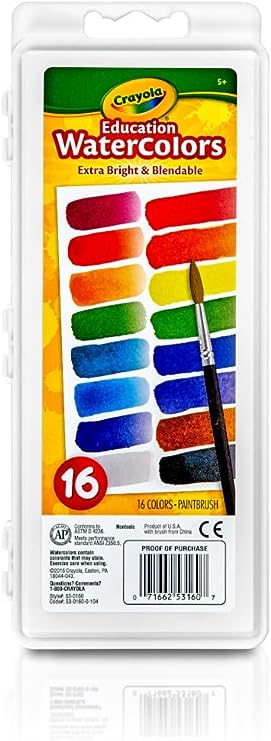 Crayola Watercolor Paint Set (16 Count), Washable Paint for Kids, 1 Paint Brush, Arts & Crafts Supplies, Assorted Colors, Ages 4