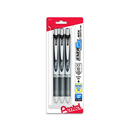 Pentel EnerGel RTX Retractable Liquid Gel Pen, (0.3mm) Needle Tip, Extra Fine Line, Black Ink, 3-Pk (BLN73BP3A)