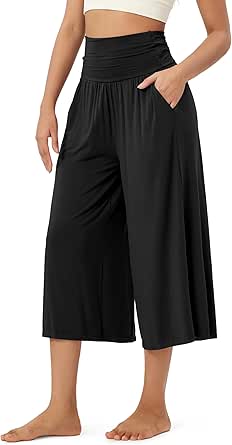 ODODOS Women's Wide Leg Palazzo Lounge Cropped Pants with Pockets Light Weight Comfy Pajama Capri Pants-20/22"/ 24" Inseam