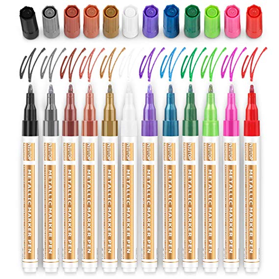 Metallic Paint Pens for Rock Painting, 12 Bright Colors Paint Markers Kit for Glass, Stone, Wood, Fabric, Ceramic & More, Smooth Flowing, Extra Fine Tip, Water Based, Acid Free Non Toxic, Quick-Dry