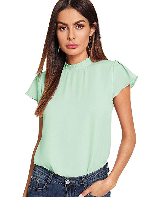 Romwe Women's Short Sleeve Mock Neck Elegant Summer Chiffon Blouse Top