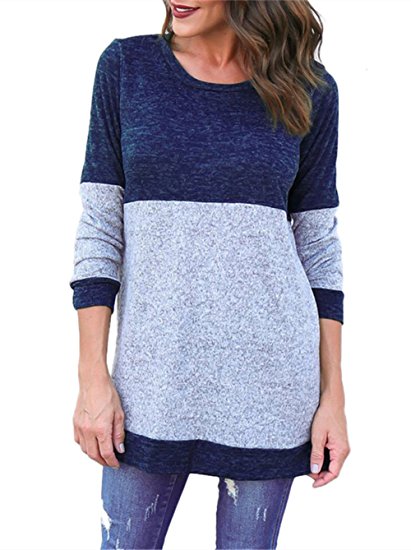 onlypuff Women's Blue Sweatshirts Tunic Tops Long Sleeve Cotton Knitted Sweaters Color Block Stripe Soft Stretchy Medium