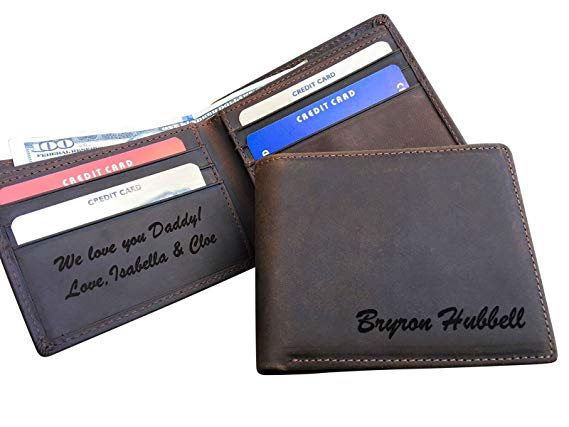 RFID Blocking Personalized Genuine Leather Men's Bifold Wallet Monogrammed with Custom Message Inside, Gifts for Boyfriend Husband Dads Anniversary Christmas Graduation