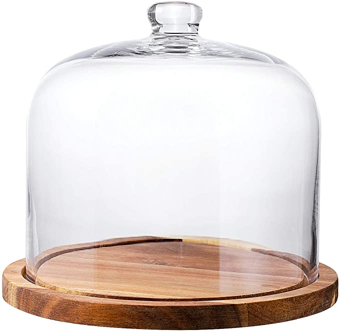 7.9” X 7.3“ Acacia Wood Round Server,Cake Stands with Glass Dome