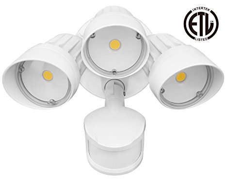 30W 3-Head Motion Activated LED Outdoor Security Light, Photo Sensor, 3 Modes, 150W Halogen Equivalent, 3000K Warm White, 2300lm Floodlight, for Entryways, Patios, Decks, Stairs, White/Bronze