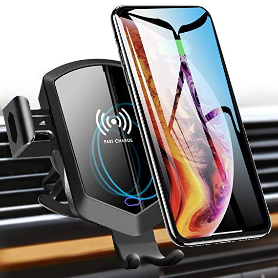 TOZO Wireless Car Charger Motor Clamping Silent Mount Holder Auto Sensing Fast Charging for iPhone Xs/XR/Xs Max/X/10/8/8 Plus, Samsung Galaxy S8 S8 S9 S9 S10 S10 Note 8, 9 [Black]