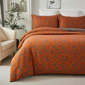 Softta Vintage Paisley Pattern Bedding Set Queen Size 3Pcs Duvet Cover Set 100% Washed Cotton Double-Layer Yarn Washed Cotton Bedding Collection Blue & Orange