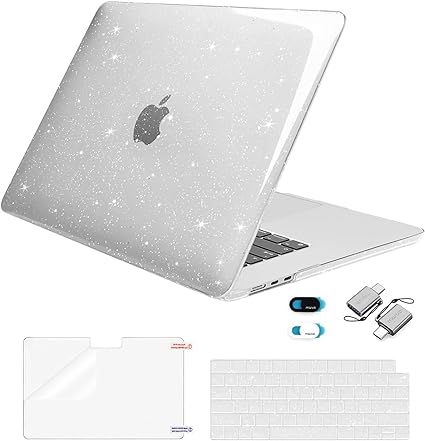 MOSISO Compatible with MacBook Air 15 inch Case 2023 Release A2941 M2 Chip, Sparkly Glitter Plastic Hard Shell Case&Keyboard Cover&Screen Protector&Webcam Cover&Type C Adapter 2 Pack, Transparent