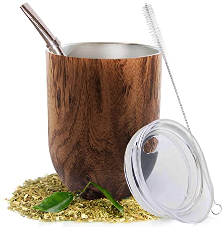 Yerba Mate Natural Gourd/Tea Cup Set Brown (Traditional Mate Cup - 12 Ounces) I Includes Bombilla (Yerba Mate Straw), Lid & Cleaning Brush I Stainless Steel Double-Walled I Easy to Clean