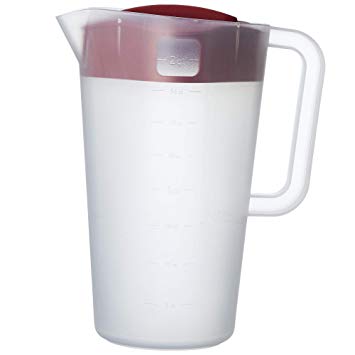 Goodcook 10659 1/2 Gallon Plastic Straining Pitcher Square Lid with 3 Strainers and Close No Spill, Dishwasher Safe, Clear and Red