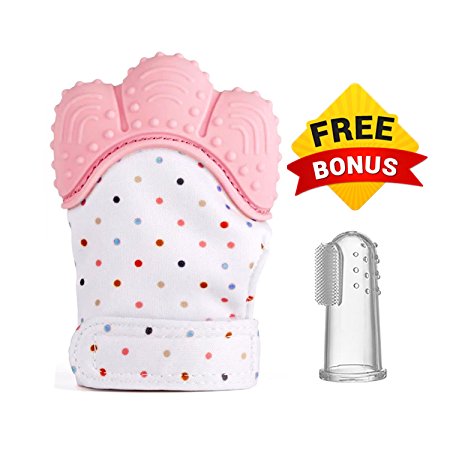 Baby Teething Mitten with Adjustable Secure Strap & Free toothbrush-Best Mitt to Protect Babies Hand from Saliva and Reduce Teething pain-Self-Soothing Silicone Hand Glove Suitable For 3   Months (Pink)