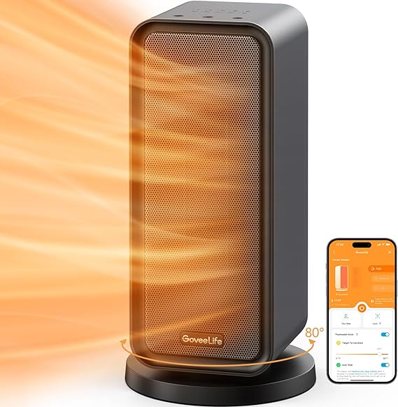 GoveeLife Space Heater, 1500W Fast Portable Heating for Indoor Use, 80°Oscillating, Smart Ceramic Heater with Thermostat, 24H Timer, Electric Heater with App & Voice Remote, Home/Bedroom/Office, Black