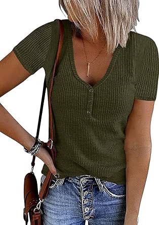 MEROKEETY Women's Short Sleeve V Neck Ribbed Knit Button T Shirts Henley Solid Color Summer Tops