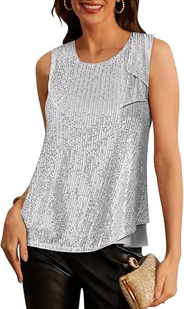 GRACE KARIN Sequin Tops for Women Sleeveless Sparkly Tank Top Shimmer Cami Glitter Party Tops Sparkle Blouses