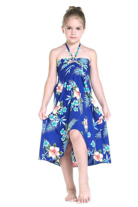 Girl Hawaiian Halter Dress in Hibiscus Blue