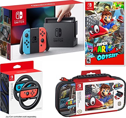 Nintendo Switch Bundle: 32GB Console Red and Blue Joy-Con, Nintendo Switch Wheel (set of 2), Super Mario Odyssey Video Game and Deluxe Travel Case