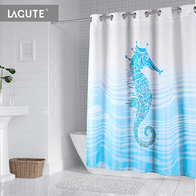 Lagute SnapHook Coastal Hook Free Shower Curtain | Removable Liner | Weight Added Thicker Liner | Machine Washable | Seahorse