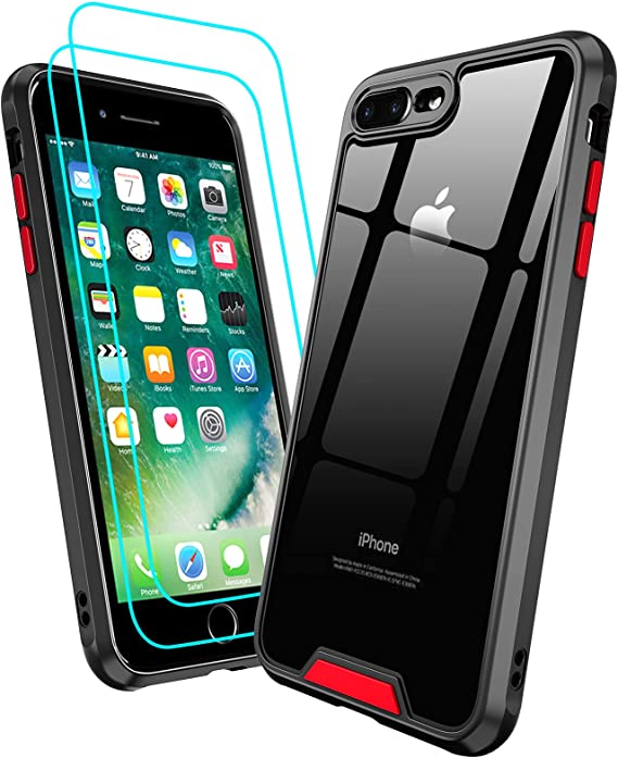 LeYi Compatible for iPhone 8 Plus Case, iPhone 7 Plus Case with 2 Tempered Glass Screen Protector for Men Women, Clear Back Shockproof [Unique Buttons] Protective Case for iPhone 8 Plus, Black-Red