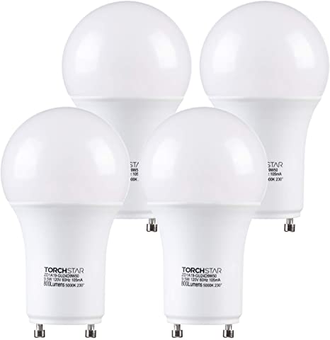 TORCHSTAR Dimmable A19 LED Light Bulb, 9.5W (60W Eqv.), GU24 Twist Base, UL & Energy Star Listed, 230° Floodlight, 800lm, for Ceiling Fan, Ventilator, 5000K Daylight, 3 Years Warranty, Pack of 4