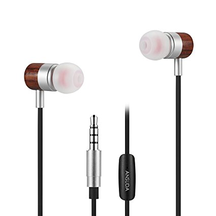 Ansuda Headset an-4.0 Noise-isolating In-ear Headphones Wood and Microphone (Stripe Black Wire)
