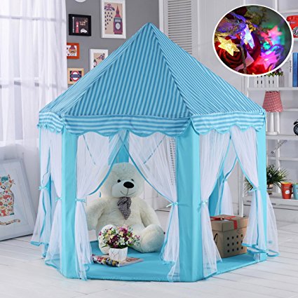 Blue Hexagon Play Castle Indoor Kids Play Tent Outdoor Boys & Girls Playhouse with 23ft LED Star String Lights,55"(Diameter)×53"( Height)