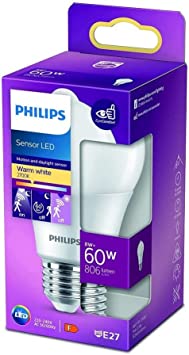 Philips LED Premium Sensor Frosted Light Bulb [E27 Edison Screw] 8W - 60W Equivalent, Warm White (2700K), Non Dimmable