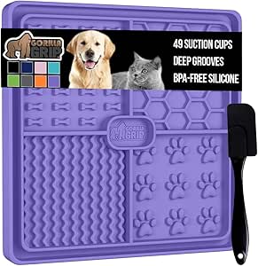 Gorilla Grip Lick Mat for Dogs, Deep Grooves for Dog and Cat Enrichment Toy, Strong Suction Grip, Freezer Safe, BPA Free Silicone Licking Pad for Bath, Grooming, Nail Trimming, Purple