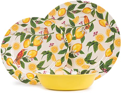 12 Piece Melamine Dinnerware Set-Dishes Set for Everyday Use, Dishwasher safe, Service for 4, Lemon Pattern