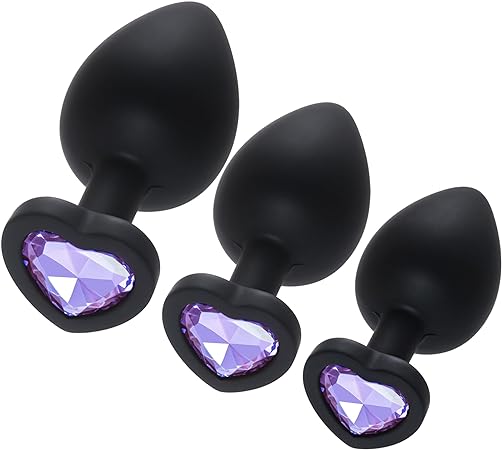 3 Pcs 3 Sizes Silicone Anal Plugs, Jeweled Butt Plug, Anal Trainer Toys, Heart Butt Plugs, LightPurlpe