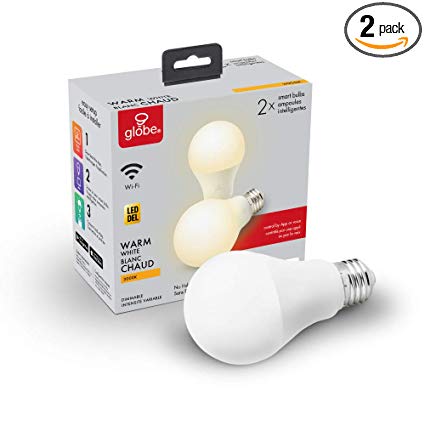 Globe Electric Wi-Fi Smart 10 Watt (60W Equivalent) Dimmable Frosted LED Light Bulb 2-Pack, No Hub Required, 3000K, A19 Shape, E26 Base 34209