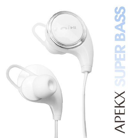 APEKX Super Bass Wireless 4.1 Bluetooth Headphones, Noise Cancelling In-Ear Earbuds, Earpieces Sports/Running/Workout/Gym Universal for iPhone iPad Samsung Galaxy Mic QY8 White