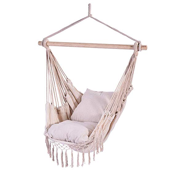 ViShow New Tassel Chair With Cushion,Hammock Chair Hanging Rope Swing 2 Seat Cushions Included Cotton Weave Porch,For Indoor/Outdoor Home Patio Deck Yard Garden Reading Leisure Lounging (White)