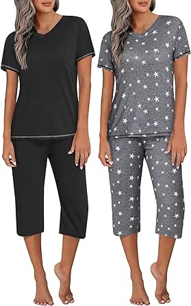 Ekouaer 2 Pack Women's Sleepwear Capri Pajama Sets Short Sleeve Two-Piece Pjs V Neck Tops & Capri Pants with Pockets S-3XL