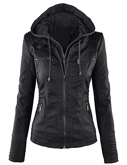 Springrain Women's Casual Stand Collar Detachable Hood PU Leather Jacket