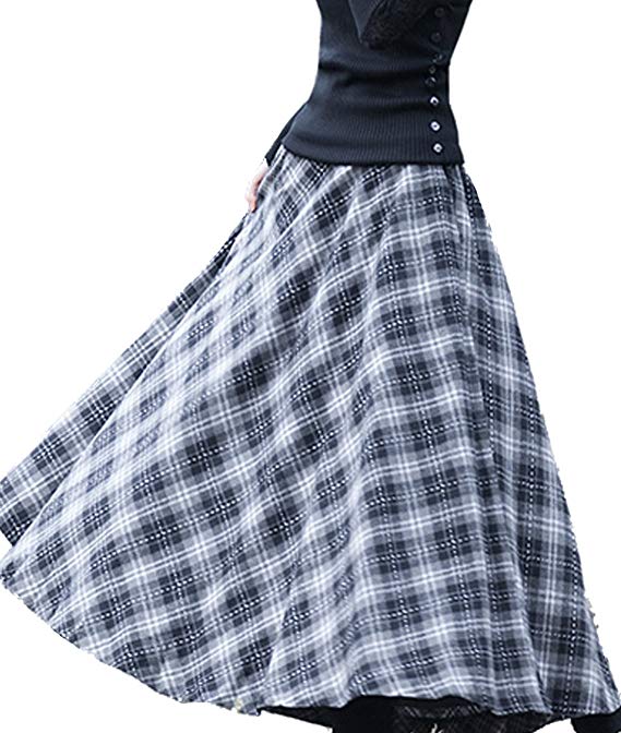 Femirah Women's Grey Thick Vintage Plaid Pleated Skirt Autumn Winter Long Skirts