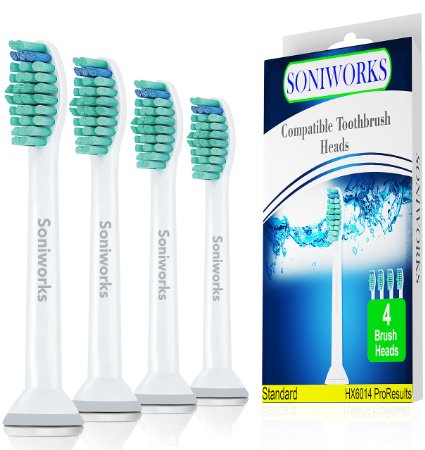 Standard Compatible Replacement Toothbrush Heads 4-pack replaces Philips Sonicare HX6014 ProResults fits DiamondClean EasyClean FlexCare series HealthyWhite Plaque Control and Gum Health Handles