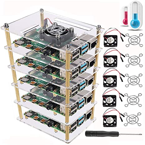 DORHEA Raspberry Pi 4 B Case, Raspberry Pi Rack Cluster Case Stacking Case with Cooling Fan and Fan Cover for Raspberry Pi 4,Raspberry Pi 3 Model B B , Raspberry Pi 2 Model B,Pi B  (5-Layers)