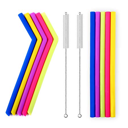 Reusable Silicone Smoothie Straws - Extra long Flexible Straws for 30 oz Tumblers Yeti/Rtic with Cleaning Brushes - Eco Friendly - 12 Pieces (5 Straight 5 Bent  2 Cleaning Brushes) - BPA FREE