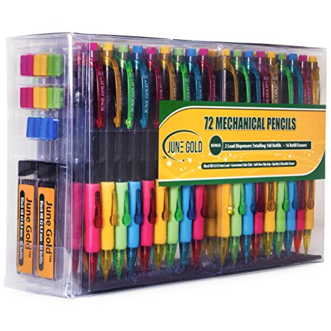 June Gold 72 Mechanical Pencils, 0.9 mm HB #2 Lead, 2 Lead Dispensers /w 160 Refills & 16 Refill Erasers, Convenient Side Click & Soft Non-Slip Grip