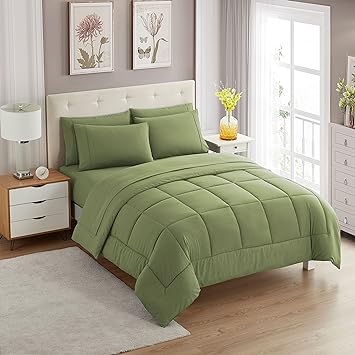 Sweet Home Collection 7 Piece Comforter Set Bag Solid Color All Season Soft Down Alternative Blanket & Luxurious Microfiber Bed Sheets, Sage, Twin