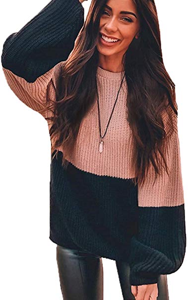 Angashion Women Sweaters-Oversized Chunky Knit Color Block Drop Shoulder Batwing Sleeve Pullover Sweater Tops