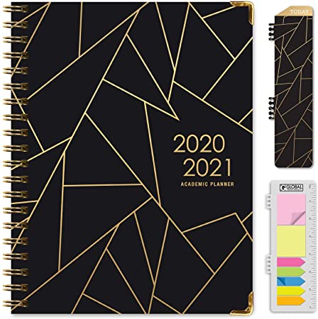 HARDCOVER Academic Year 2020-2021 Planner: (June 2020 Through July 2021) 8.5"x11" Daily Weekly Monthly Planner Yearly Agenda. Bonus Bookmark, Pocket Folder and Sticky Note Set (Black Gold Triangles)