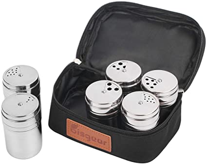 6Pc Salt & Pepper Shaker Sets - Bisgear Portable Stainless Steel Spice Shaker Seasoning Dispenser with Adjustable Holes & Travel Bag for Backpacking Camping BBQ