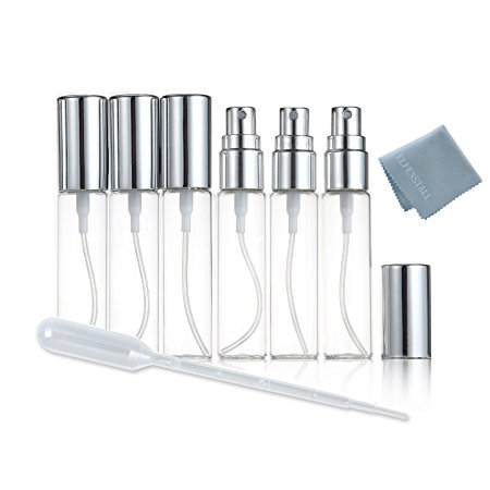 Elfenstal- NEW 6pcs Mini Clear 10ml 1/3OZ Atomizer Glass bottle Spray Refillable Fragrance Perfume Empty Scent Fine Mist Bottle Clean Cloth for Travel Party Portable Makeup Tool free Pipette