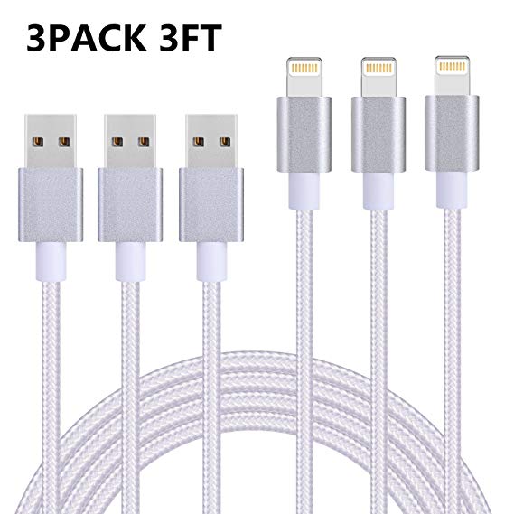 iPhone Charger, Xcords Lightning Cable 3Pack 3FT Nylon Braided Syncing and Charging Cord Compatible with iPhone X/8/8PLUS/7/7 plus/SE/5/6/6s/Plus/iPad Mini/Air