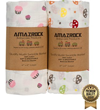 Amazrock Baby Muslin Swaddle Blanket - Soft 100% Cotton | 2 Large Baby Swaddle for Quality Baby Comfort & Sleep | Muslin Swaddling Blankets (Fun Pink (100% Cotton))