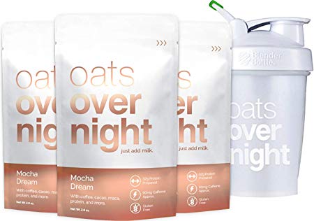 Oats Overnight - Mocha Dream - Premium High-Protein, Low-Sugar, Gluten-Free, Contains Coffee (2.8oz per pack) (3 Pack with BlenderBottle)