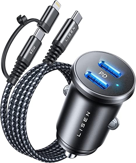 USB C Car Charger-LISEN [2 in 1 Nylon C to C/C to L Cable] [Dual PD 30W Fast Charging] Type C Car Cigarette Lighter USB Charger iPhone Car Charger Adapter for iPhone, Samsung S23 , iPad, Google Pixel